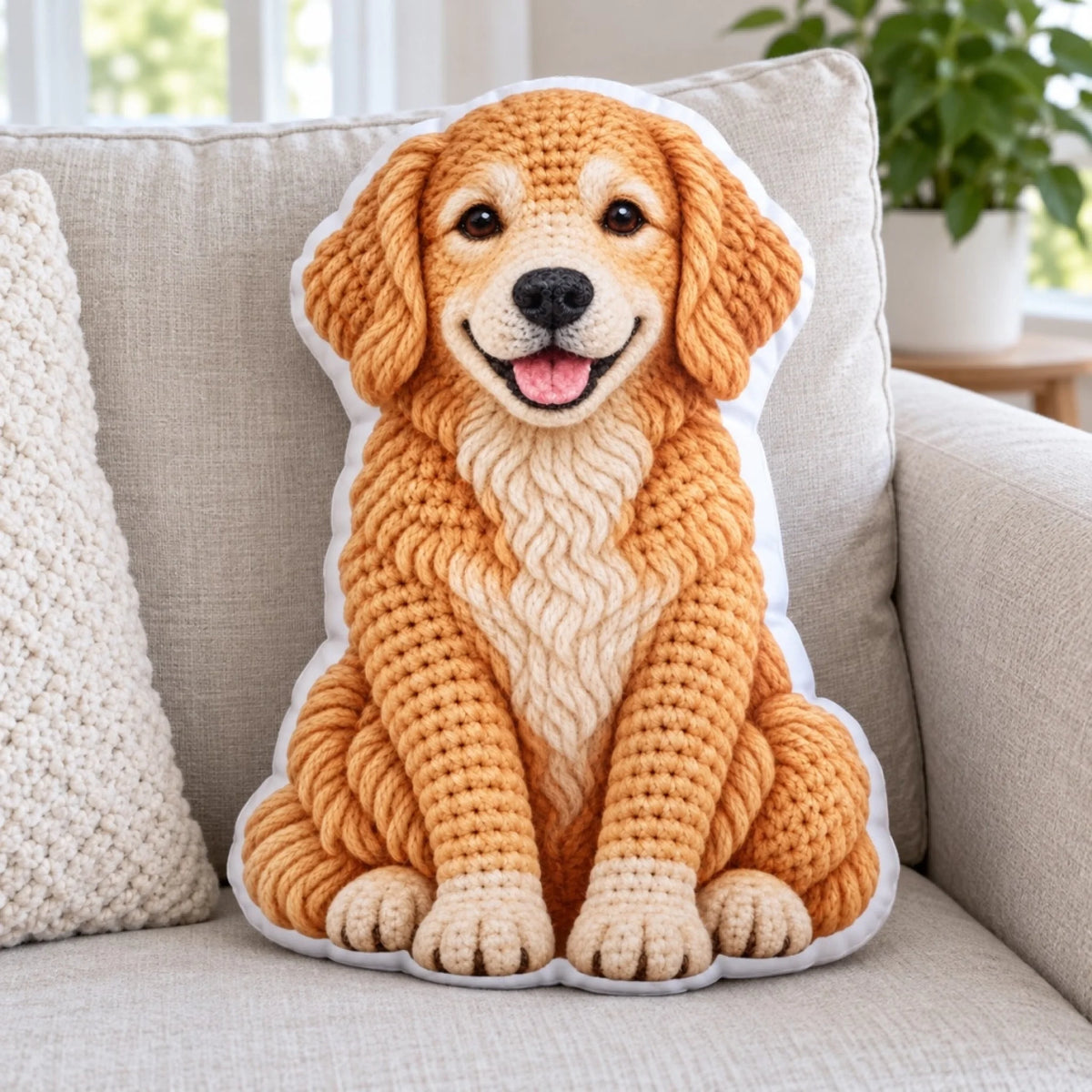 AI-generated illustrative mockup of a one-sided printed polyester pillow; example pet portrait, not actual customer photo