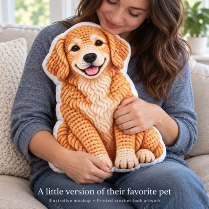 AI-generated illustrative cuddle moment with a 16-inch pet-shaped printed polyester pillow; example artwork.