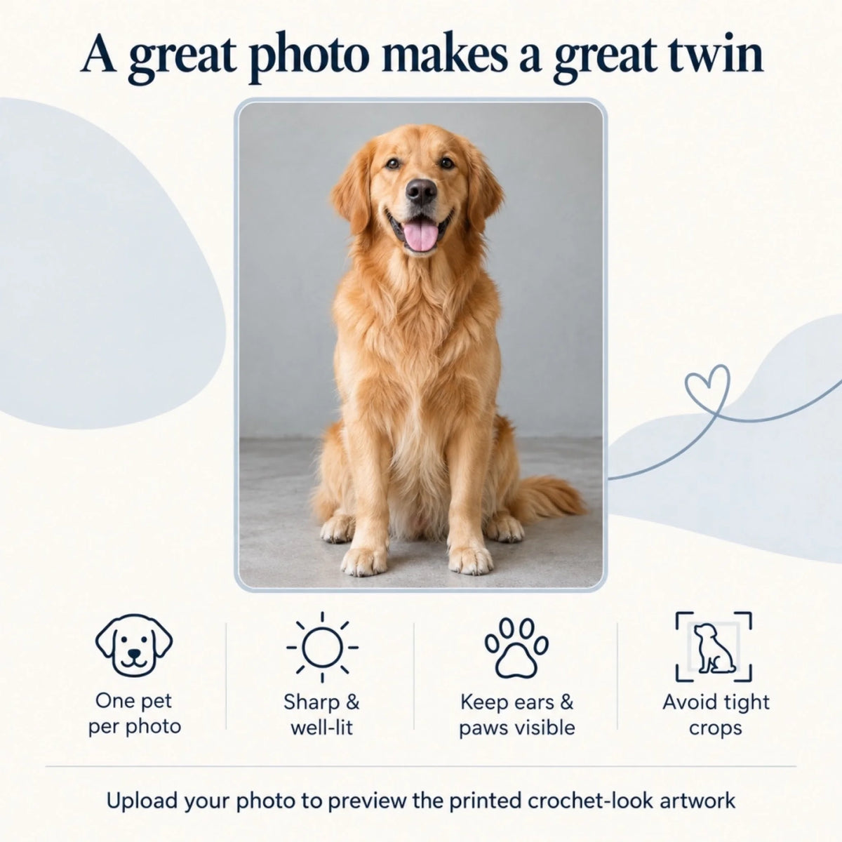 Photo guide: one pet, sharp and well-lit, ears and paws visible, avoid tight crops.