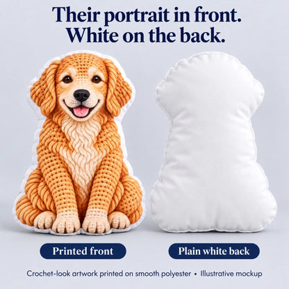 Illustrative product guide: crochet-look printed front and plain white reverse on smooth polyester.