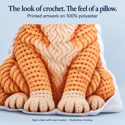 Illustrative detail: crochet-look artwork is printed on 100% polyester; spot-clean with warm water.